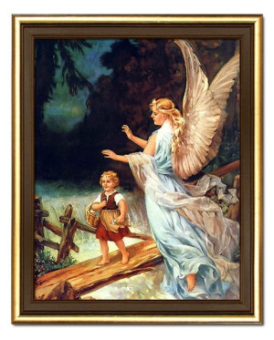 Obraz z Aniołem Stróżem płótno w ramie religijny 26x31cm