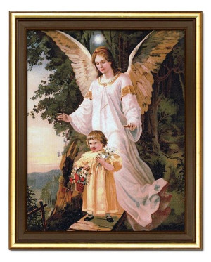 Obraz z Aniołem Stróżem płótno w ramie religijny 26x31cm