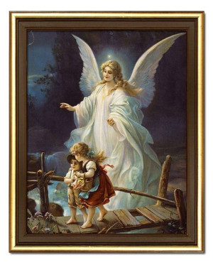 Obraz z Aniołem Stróżem płótno w ramie religijny 26x31cm