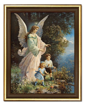 Obraz z Aniołem Stróżem płótno w ramie religijny 26x31cm