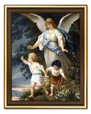 Obraz z Aniołem Stróżem płótno w ramie religijny 26x31cm