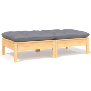 2-osobowa sofa ogrodowa z szarymi poduszkami, drewno sosnowe