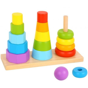 Tooky Toy Drewniane Sortery Trzy Wieże Do Układania Mniejszy - Większy