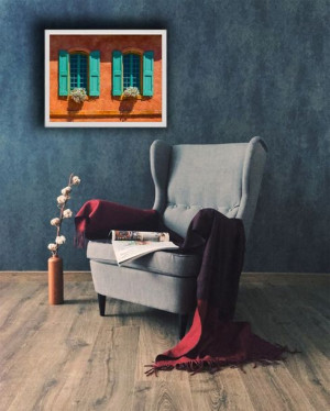 Turkusowe okiennice - plakat premium 100x70 cm