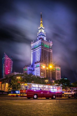 Warszawa Pałac Kultury z Ikarusem - plakat premium