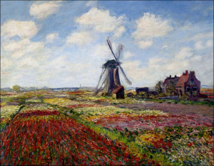 Fields of tulip with the rijnsburg windmill, Claud