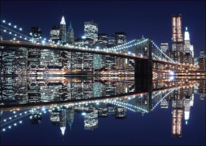 New York Brooklyn Bridge night - plakat 100x70 cm