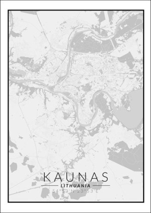 Kaunas mapa czarno biała - plakat 21x29,7 cm