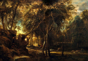 A Forest at Dawn with a Deer Hunt, Rubens - plakat