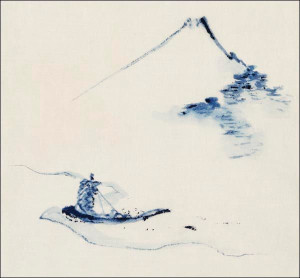 A Person in a Small Boat on a River with Mount Fuj