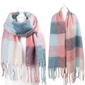 Gruby szal w  kratę z  frędzlami - SOFTSTOLE