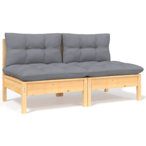 2-osobowa sofa ogrodowa z szarymi poduszkami, drewno sosnowe