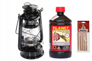 Czarna Lampa Naftowa 24cm + Olej 980ml + Knot24cm