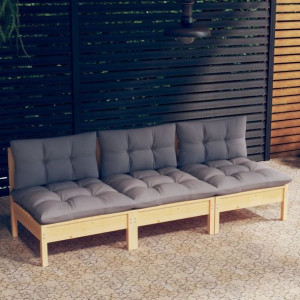 Lumarko 3-osobowa sofa ogrodowa z szarymi poduszkami, drewno sosnowe!