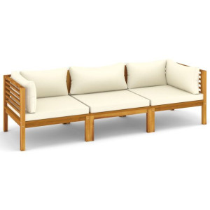 3-osobowa sofa ogrodowa, kremowe poduszki, drewno