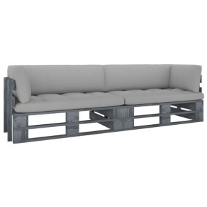 Sofa 2-os. z palet, z poduszkami, szara, drewno so
