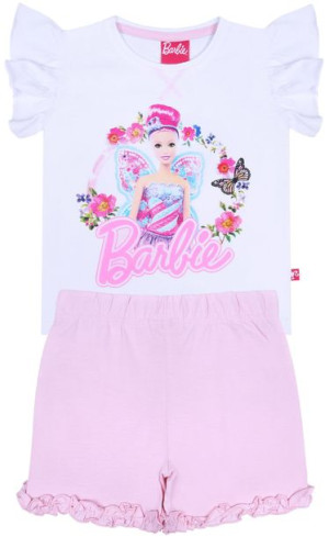 Biało-różowa piżama dziecięca z rękawkiem w formie falbanki BARBIE
