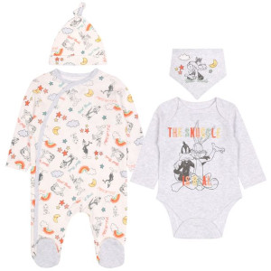 Szaro-biały komplet pajacyk, body, śliniak, czapka Królik Bugs DISNEY OEKO-