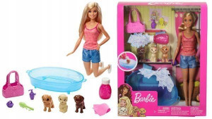 Lalka Barbie Kąpiel Piesków Akcesoria Pieski Gdj37