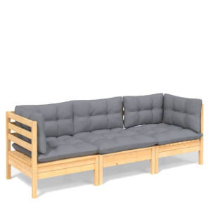 3-osobowa sofa ogrodowa z szarymi poduszkami, drewno sosnowe
