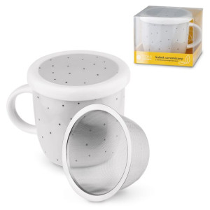 Kubek porcelanowy z zaparzaczem nierdzewnym Tadar Kropki 320 ml