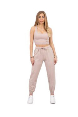Komplet Damski Dres Top + Luźne Spodnie Beżowy