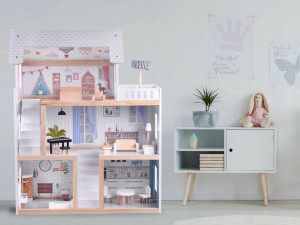 Drewniany domek dla LALEK z meblami STYL Boho +LED