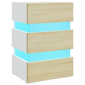 Szafka nocna z LED, biel i dąb sonoma, 45x35x67 cm, płyta