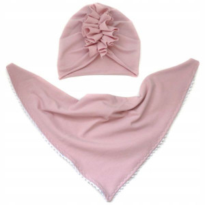 Zestaw turban + chustka z koronką brudny róż