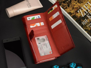 Portfel damski skórzany poziomy elegancki RFID piórka czerwony Alessandro X