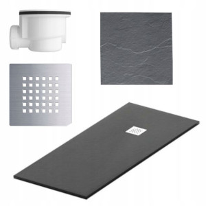 Brodzik Niski Ciemnoszary Konglomerat 110x80cm Zestaw Syfon Maskownica Inox