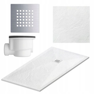 Brodzik Niski Biały Konglomerat 120x80 Zestaw Syfon + Maskownica Inox