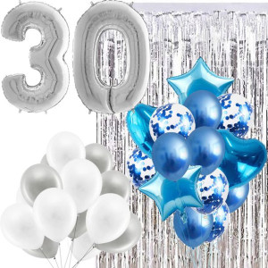 Zestaw Balony Niebieski Srebrny 30 Urodziny Napis