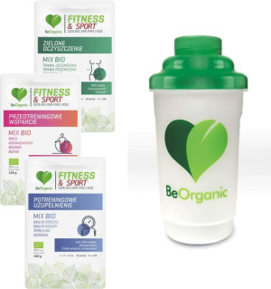 MIX 3 Przedtreningowe wsparcie MIX BIO 100g, BeOrganic + SHAKER, Aliness