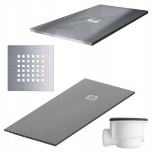 Brodzik Niski Jasnoszary Z Kompozytu 110x90cm Zestaw Syfon Maskownica Inox