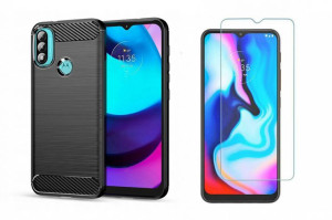 Elastyczne Etui Carbon Case Czarny + Szkło Hartowane do Motorola Moto E20 /