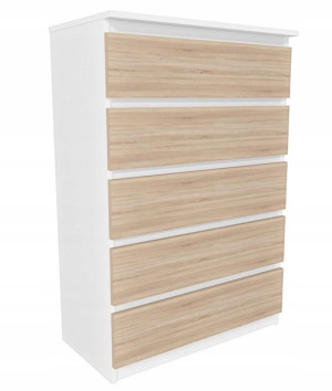 Komoda Biała, dąb sonoma front 60x45 cm 5 szuflad