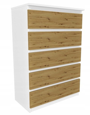 Komoda Biała, dąb artisan front 70x45 cm 5 szuflad