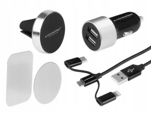 Zestaw Ładowarek + Uchwyt Telefonu + Kabel 2xusb