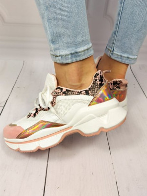 Buty sportowe biało-różowe sneakersy z dodatkami holograficznymi i skórą wę