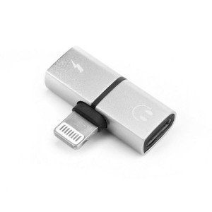 Adapter HF/audio iPhone Lightning do Lightning + ładowanie SHORT srebrny bl