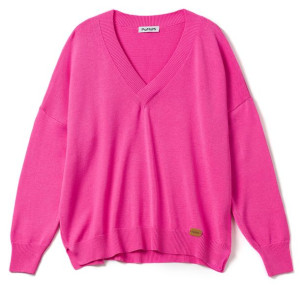 Wiskozowy sweter damski w serek - fuksja