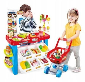Supermarket Dla Dzieci Sklep Stragan Kasa+ Koszyk z Produktami