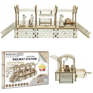 DREWNIANE Puzzle Mechaniczne Klocki 3D 175el Stacja Kolejowa