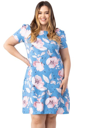 Sukienka KLEMENTYNA niebieska pudrowe kwiaty 56 PLUS SIZE