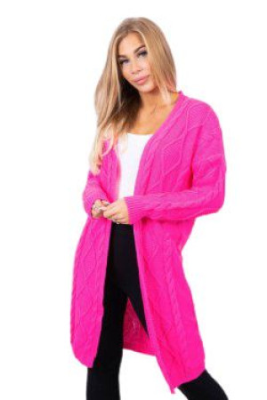 Sweter Damski Kardigan Z Warkoczowym Splotem Różowy Neon