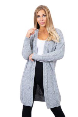 Sweter Damski Kardigan Z Warkoczowym Splotem Szary