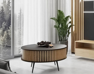 Designerska okrągła ława 90 cm lamelki czarny z artisanem