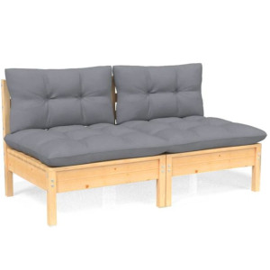 2-osobowa sofa ogrodowa z szarymi poduszkami, drewno sosnowe