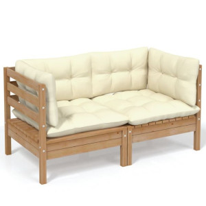 2-osobowa sofa ogrodowa z kremowymi poduszkami, drewno sosnowe